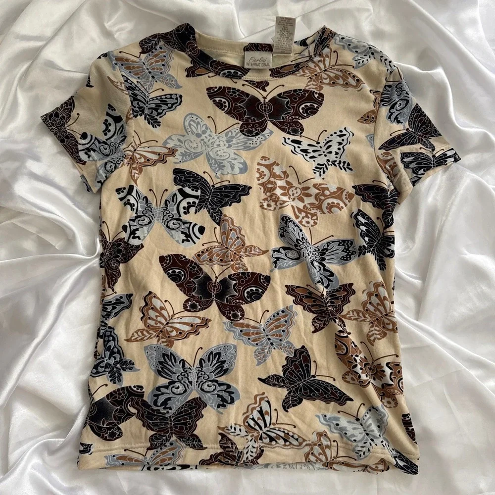 Fiorlini International Butterfly Print Top Beige Brown Short Sleeve Small
